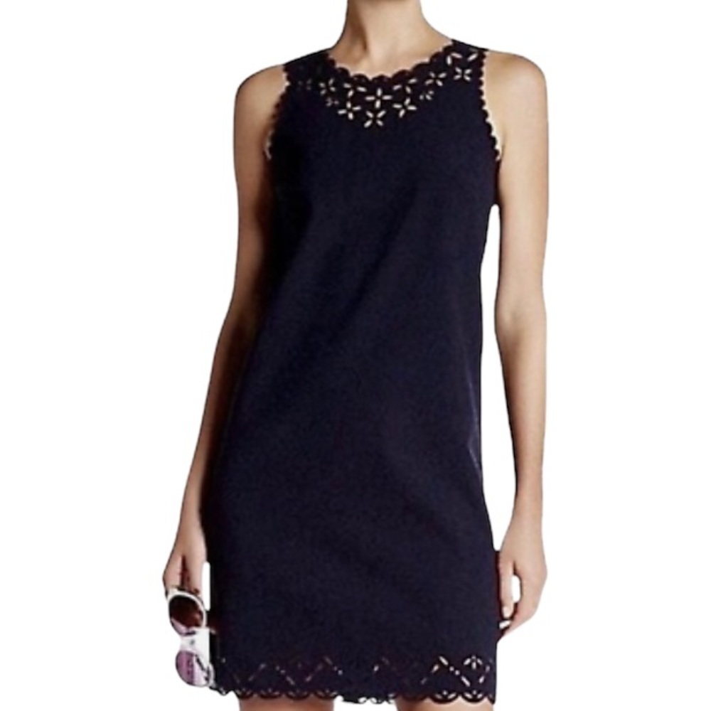 J Crew Factory Floral Laser Cut Sheath Sleeveless  Dress.  Navy Blue  Sz 00P